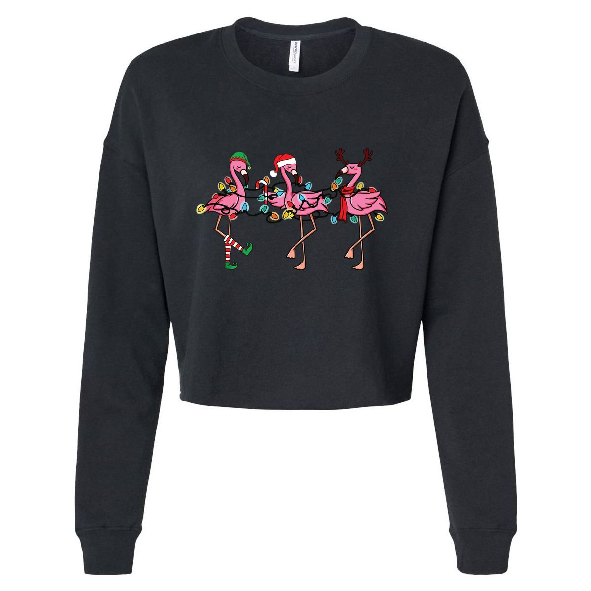 Christmas Lights Pink Flamingo Santa Hat Holiday Xmas Cropped Pullover Crew