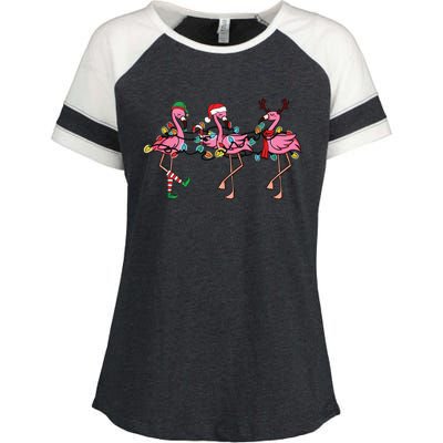 Christmas Lights Pink Flamingo Santa Hat Holiday Xmas Enza Ladies Jersey Colorblock Tee