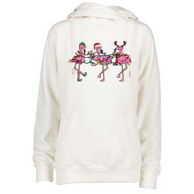 Christmas Lights Pink Flamingo Santa Hat Holiday Xmas Womens Funnel Neck Pullover Hood