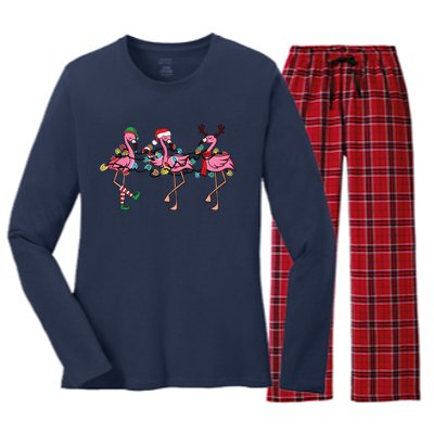 Christmas Lights Pink Flamingo Santa Hat Holiday Xmas Women's Long Sleeve Flannel Pajama Set 