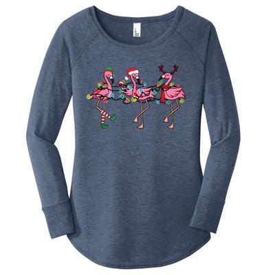 Christmas Lights Pink Flamingo Santa Hat Holiday Xmas Women's Perfect Tri Tunic Long Sleeve Shirt