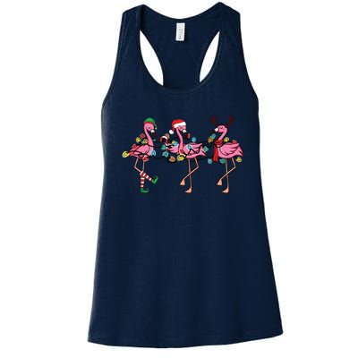 Christmas Lights Pink Flamingo Santa Hat Holiday Xmas Women's Racerback Tank