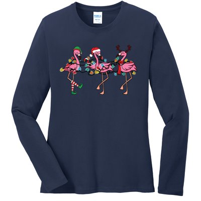 Christmas Lights Pink Flamingo Santa Hat Holiday Xmas Ladies Long Sleeve Shirt