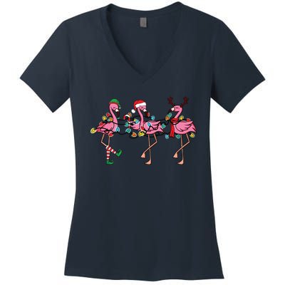 Christmas Lights Pink Flamingo Santa Hat Holiday Xmas Women's V-Neck T-Shirt