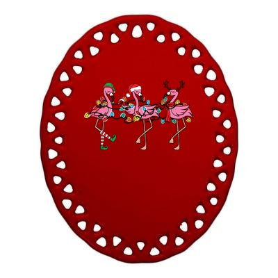 Christmas Lights Pink Flamingo Santa Hat Holiday Xmas Ceramic Oval Ornament