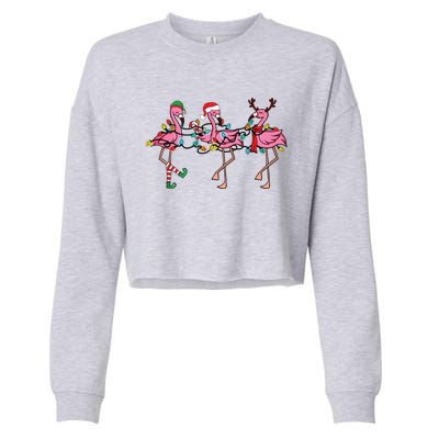 Christmas Lights Pink Flamingo Santa Hat Holiday Xmas Cropped Pullover Crew