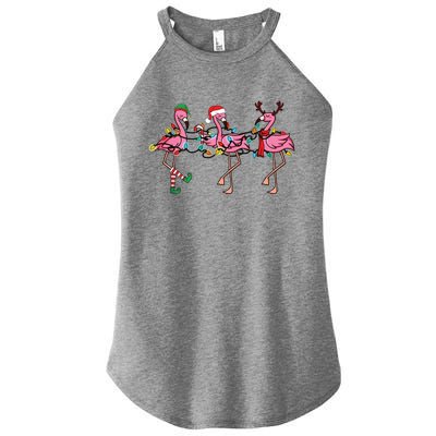 Christmas Lights Pink Flamingo Santa Hat Holiday Xmas Women's Perfect Tri Rocker Tank