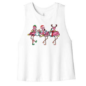 Christmas Lights Pink Flamingo Santa Hat Holiday Xmas Women's Racerback Cropped Tank