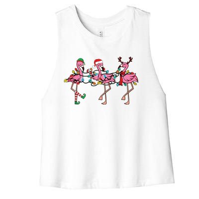 Christmas Lights Pink Flamingo Santa Hat Holiday Xmas Women's Racerback Cropped Tank