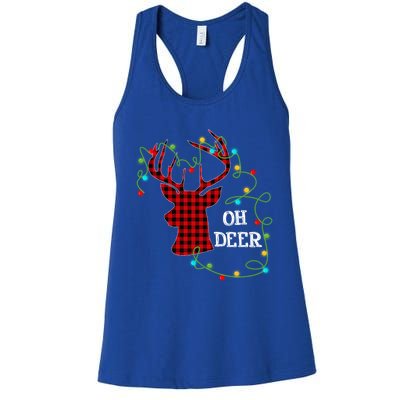 Christmas Light Reindeer Rudolph Oh Deer Antlers Plaid Gift Women's Racerback Tank