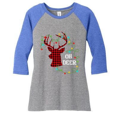 Christmas Light Reindeer Rudolph Oh Deer Antlers Plaid Gift Women's Tri-Blend 3/4-Sleeve Raglan Shirt