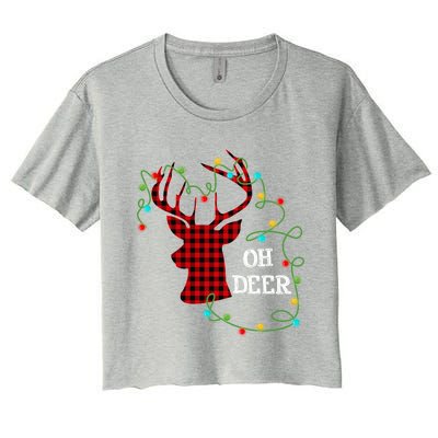 Christmas Light Reindeer Rudolph Oh Deer Antlers Plaid Gift Women's Crop Top Tee