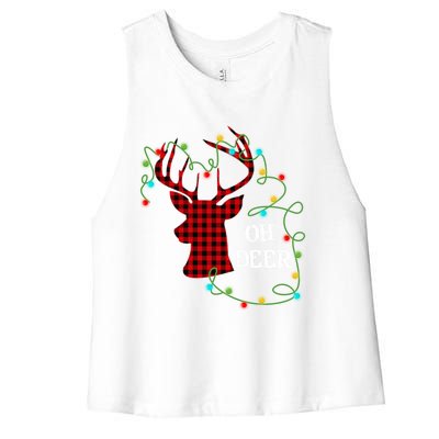 Christmas Light Reindeer Rudolph Oh Deer Antlers Plaid Gift Women's Racerback Cropped Tank