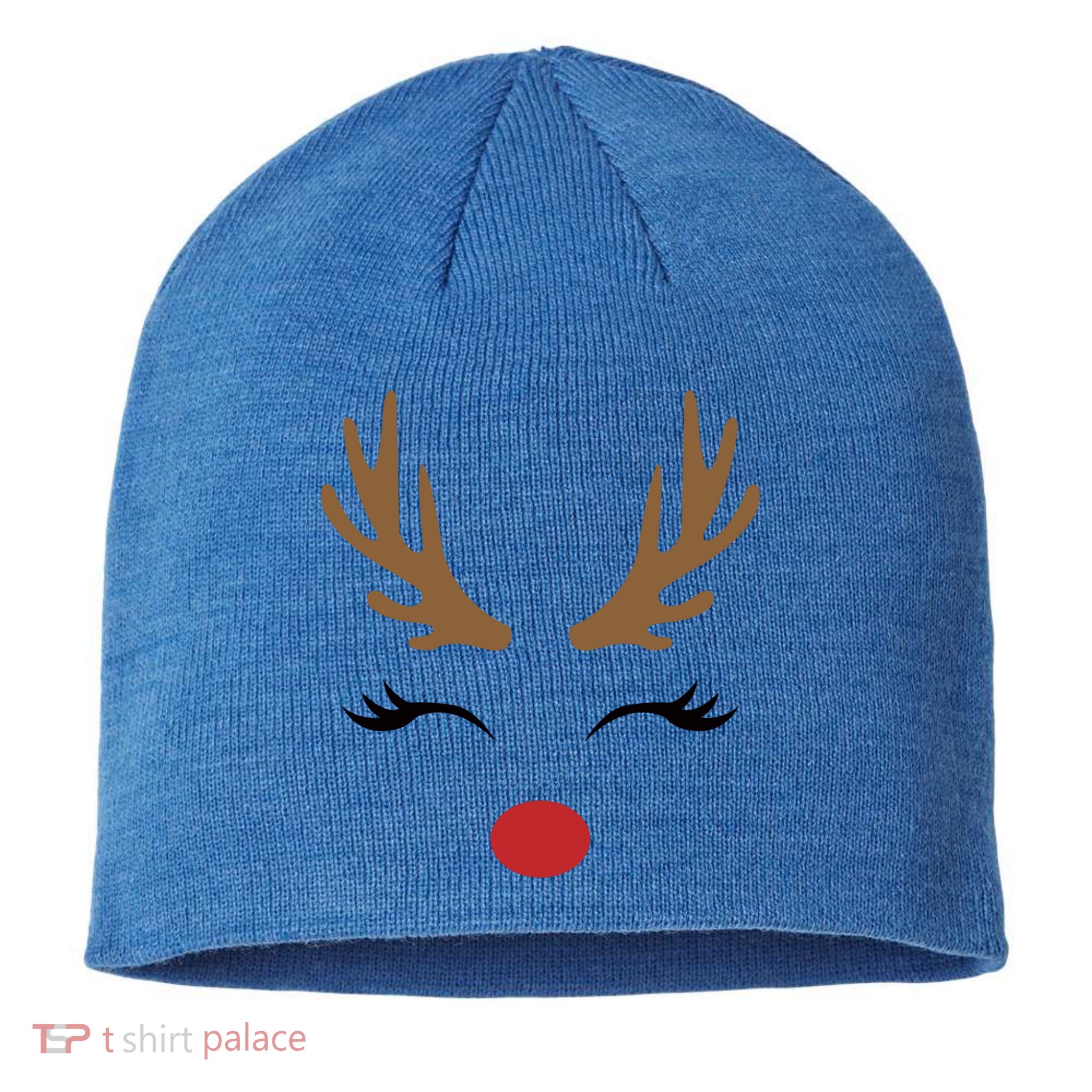 Cute Lady Reindeer Face With Eyelashes And Antlers Gift Novelty Gift Sustainable Beanie