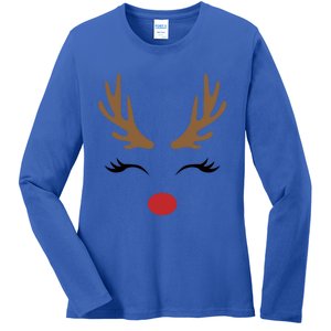 Cute Lady Reindeer Face With Eyelashes And Antlers Gift Novelty Gift Ladies Long Sleeve Shirt