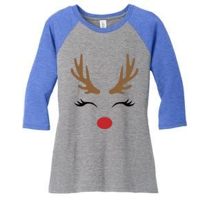 Cute Lady Reindeer Face With Eyelashes And Antlers Gift Novelty Gift Women's Tri-Blend 3/4-Sleeve Raglan Shirt