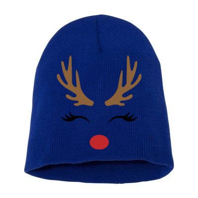 Cute Lady Reindeer Face With Eyelashes And Antlers Gift Novelty Gift Short Acrylic Beanie