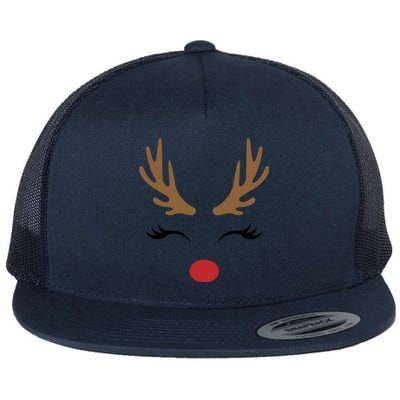 Cute Lady Reindeer Face With Eyelashes And Antlers Gift Novelty Gift Flat Bill Trucker Hat