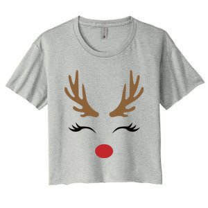 Cute Lady Reindeer Face With Eyelashes And Antlers Gift Novelty Gift Women's Crop Top Tee