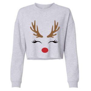 Cute Lady Reindeer Face With Eyelashes And Antlers Gift Novelty Gift Cropped Pullover Crew