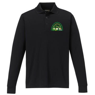 Cute Lucky Rainbow Gnome Happy St Patricks Day Family Outfit Performance Long Sleeve Polo