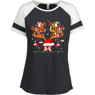 Christmas Library Red Plaid Reindeer Librarian Book Lover Enza Ladies Jersey Colorblock Tee