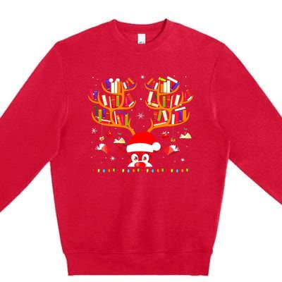 Christmas Library Red Plaid Reindeer Librarian Book Lover Premium Crewneck Sweatshirt