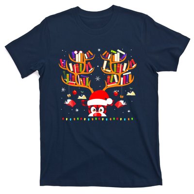 Christmas Library Red Plaid Reindeer Librarian Book Lover T-Shirt