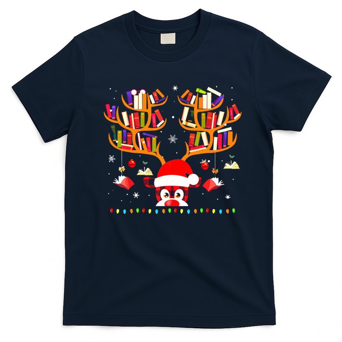 Christmas Library Red Plaid Reindeer Librarian Book Lover T-Shirt