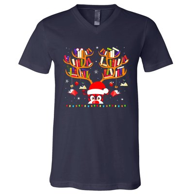 Christmas Library Red Plaid Reindeer Librarian Book Lover V-Neck T-Shirt