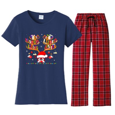 Christmas Library Red Plaid Reindeer Librarian Book Lover Women's Flannel Pajama Set