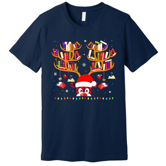 Christmas Library Red Plaid Reindeer Librarian Book Lover Premium T-Shirt