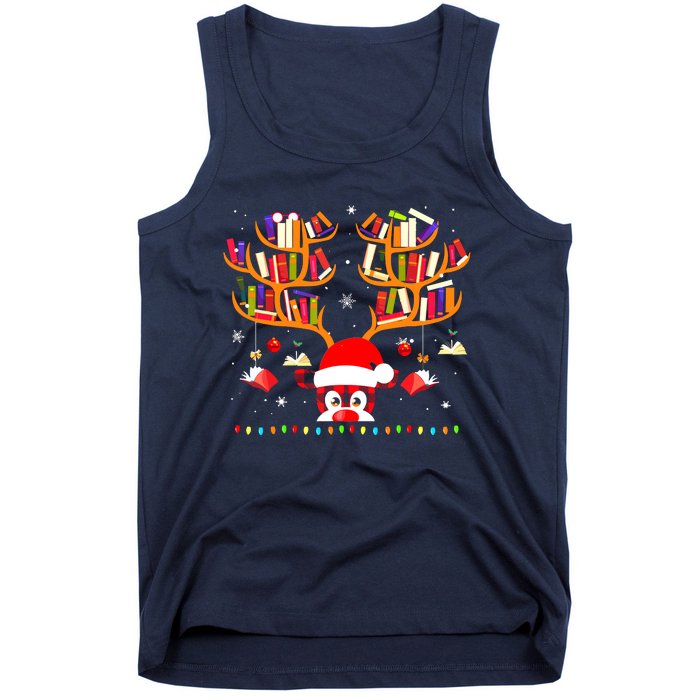 Christmas Library Red Plaid Reindeer Librarian Book Lover Tank Top