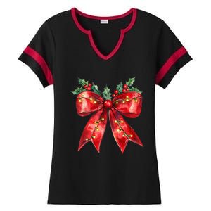 Christmas Lights Red Coquette Bow Xmas Gift Ladies Halftime Notch Neck Tee