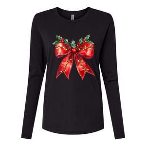 Christmas Lights Red Coquette Bow Xmas Gift Womens Cotton Relaxed Long Sleeve T-Shirt