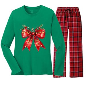 Christmas Lights Red Coquette Bow Xmas Gift Women's Long Sleeve Flannel Pajama Set 