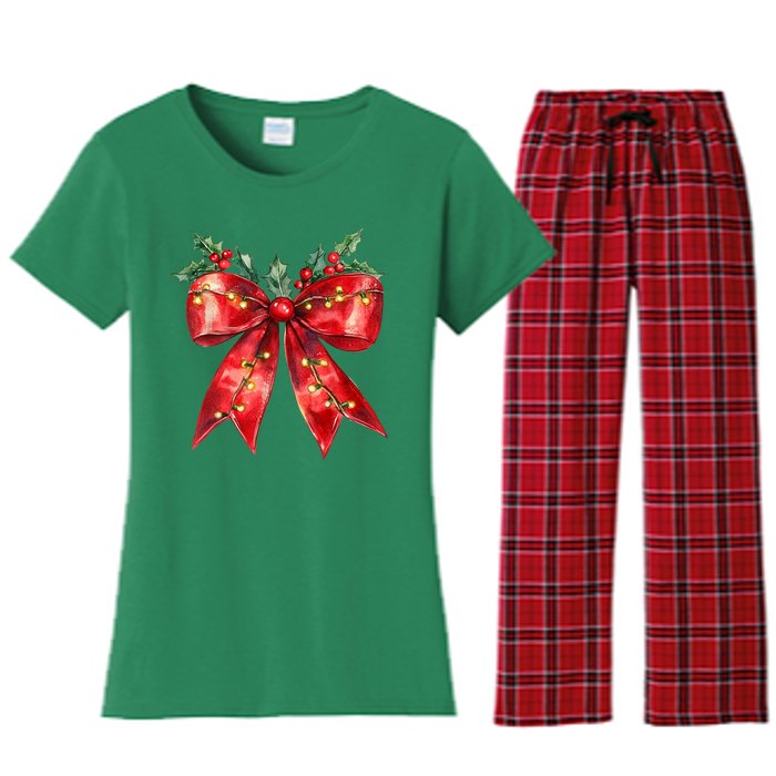 Christmas Lights Red Coquette Bow Xmas Gift Women's Flannel Pajama Set