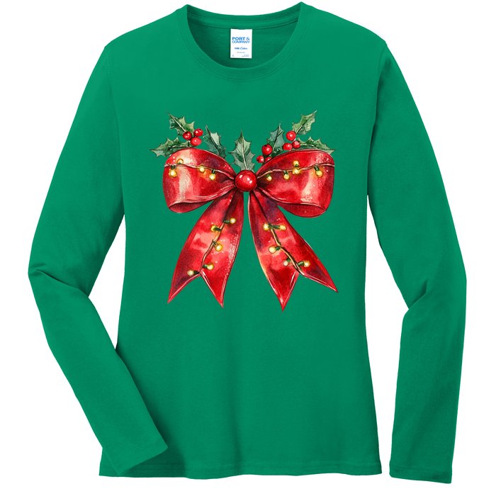 Christmas Lights Red Coquette Bow Xmas Gift Ladies Long Sleeve Shirt