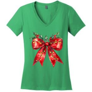 Christmas Lights Red Coquette Bow Xmas Gift Women's V-Neck T-Shirt