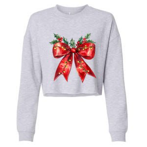 Christmas Lights Red Coquette Bow Xmas Gift Cropped Pullover Crew