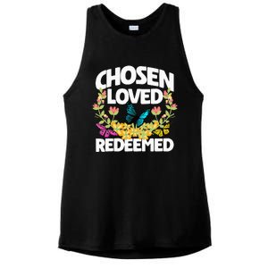 Chosen Loved Redeemed Butterfly Flower Religious Christian Ladies PosiCharge Tri-Blend Wicking Tank