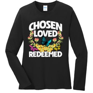 Chosen Loved Redeemed Butterfly Flower Religious Christian Ladies Long Sleeve Shirt