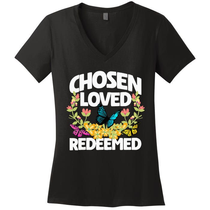 Chosen Loved Redeemed Butterfly Flower Religious Christian Women's V-Neck T-Shirt