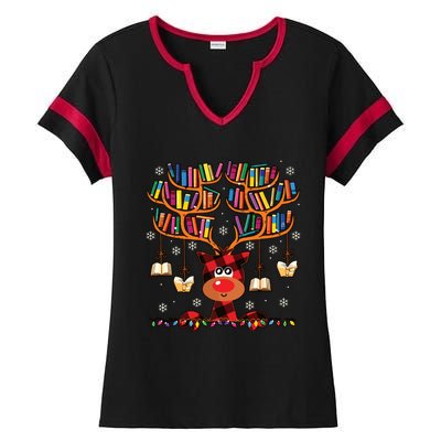 Christmas Librarian Reindeer Matching Family Book Lover Xmas Ladies Halftime Notch Neck Tee