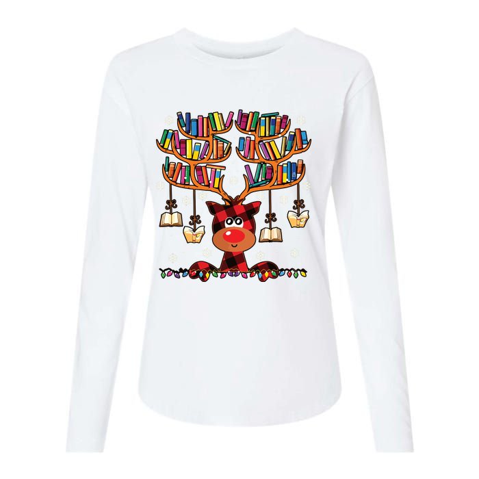 Christmas Librarian Reindeer Matching Family Book Lover Xmas Womens Cotton Relaxed Long Sleeve T-Shirt