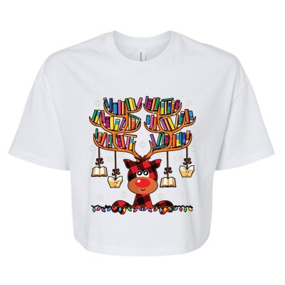 Christmas Librarian Reindeer Matching Family Book Lover Xmas Bella+Canvas Jersey Crop Tee