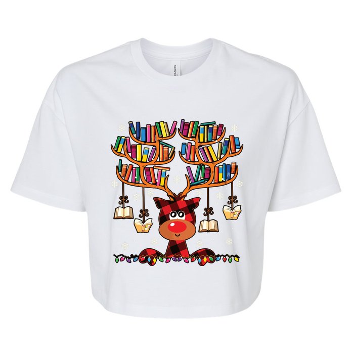 Christmas Librarian Reindeer Matching Family Book Lover Xmas Bella+Canvas Jersey Crop Tee