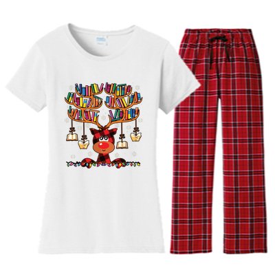 Christmas Librarian Reindeer Matching Family Book Lover Xmas Women's Flannel Pajama Set