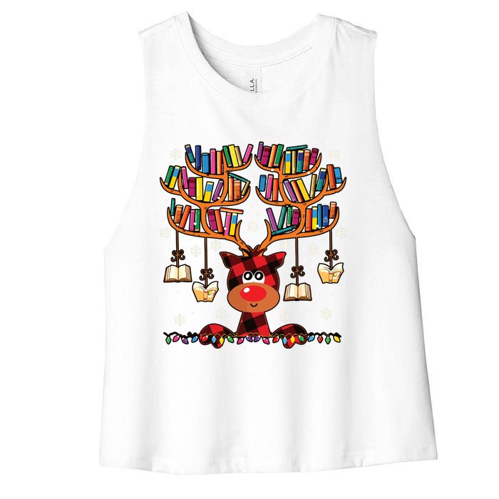 Christmas Librarian Reindeer Matching Family Book Lover Xmas Women's Racerback Cropped Tank