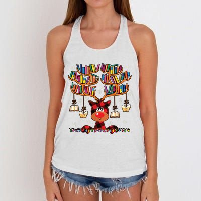 Christmas Librarian Reindeer Matching Family Book Lover Xmas Women's Knotted Racerback Tank